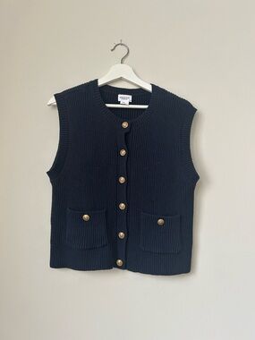 Song Of Style Aimee Navy Blue Sweater Vest Knit Sleeveless Gold Buttons Large